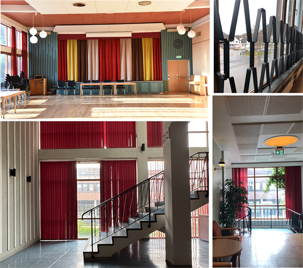 En collage av interiørbilder fra Namsos samfunnshus. Foto: Trøndelag fylkeskommune.