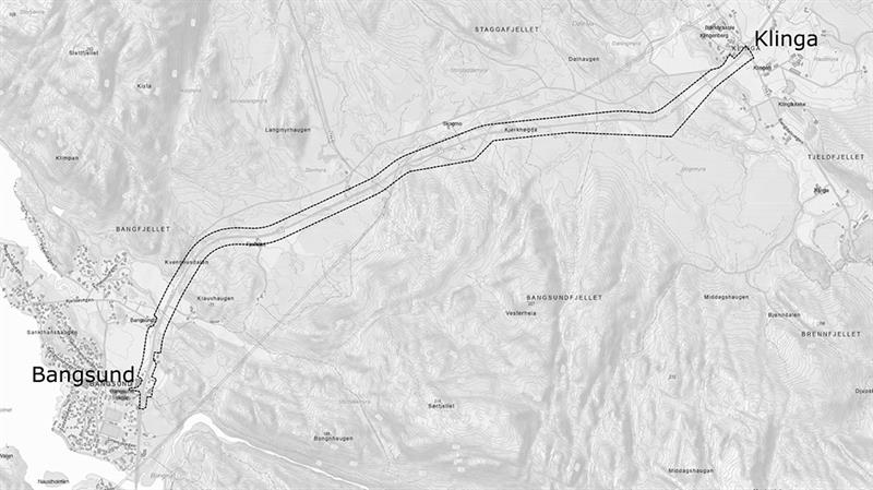 Kart som viser planavgrensning for ny gang- og sykkelveg mellom Bangsund og Klingakorsen. Grafikk