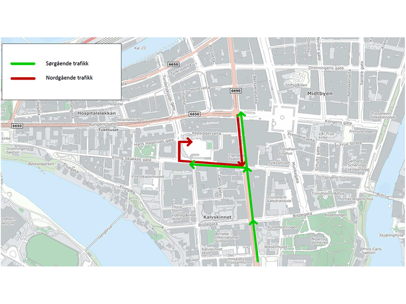 Kart med kjøremønster i Midtbyen. Kartgrafikk